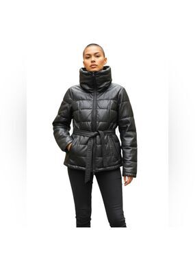 Danier Black Leather Puffer Jacket Sz XXS High Neck Bomber Quilted Winter Coat